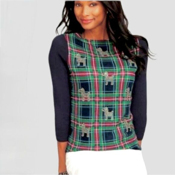 Talbots Merino Wool Tartan Plaid Rhinestone Embellished Scottish Terrier Dog XL - Picture 2 of 10